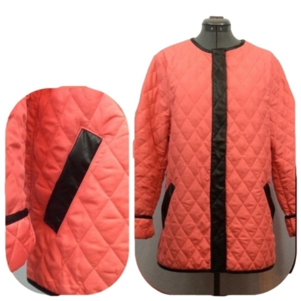 ASOS Coral w/ Black Faux Leather Trim Quilted Jacket Size 14 - Picture 4 of 6